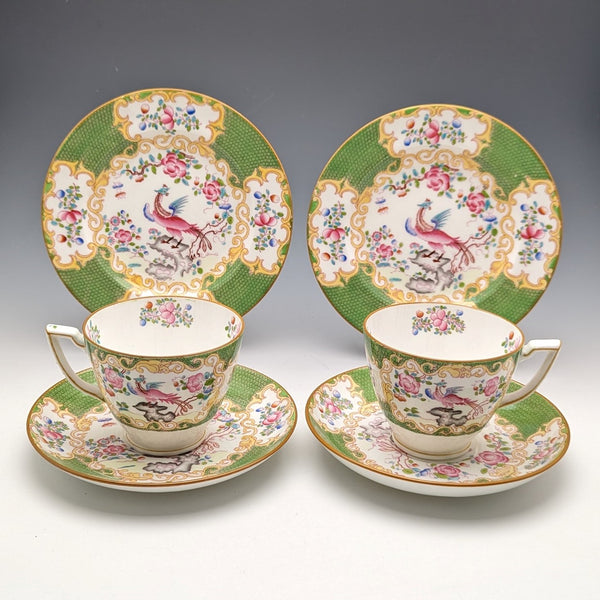 Early 20th Century British Vintage Minton Teacup Trio Pair Cockatrice Green